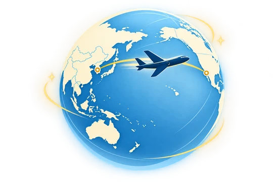 Illustration of a globe with a flight path from Korea to the United States