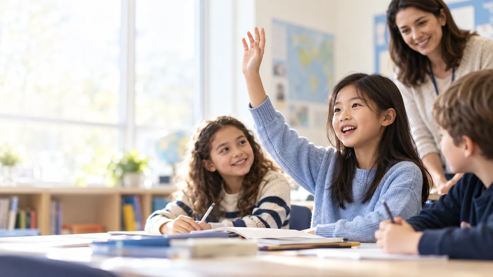 A student in a new classroom raising a hand to share an idea